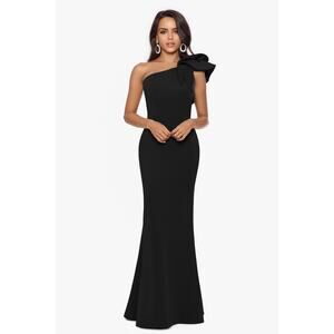 BETSY&ADAM Daisy" Long Scuba Ruffle Crepe One Shoulder Dress 4 $269 NWT